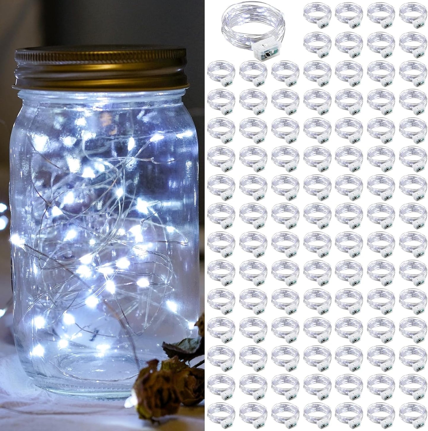 100 Pack White Fairy Lights 7Ft 20 LED Twinkle String Lights 3 Modes Battery Operated Waterproof Firefly Starry for Mason Jar Party Wedding Christmas Valentines Day Table Centerpieces,Cold White