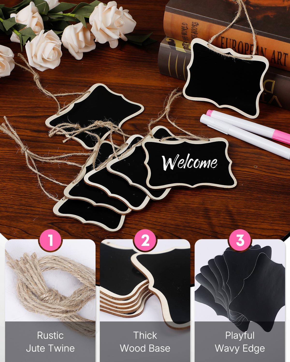 Uniclife 24 Pack Mini Chalkboard Signs for Food, Small Chalkboard Signs with Strings Chalk Markers & Replacement Stickers, Hanging Chalkboards Sign Reusable Wooden Food Labels for Party Buffet Wedding