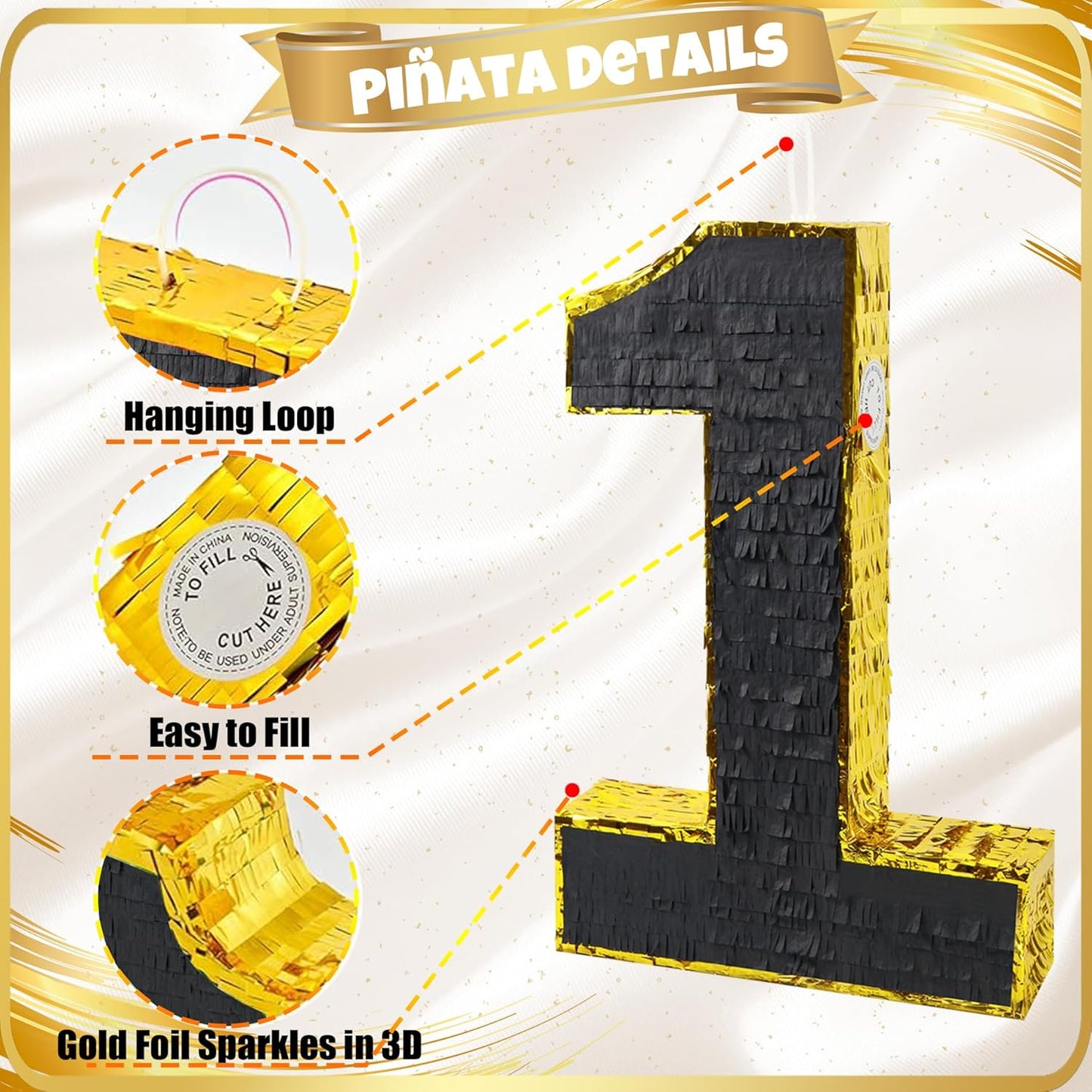 PCFING 20 Inch Number 1 Piñata Gold Black with 30 Inch Piñata Stick Blindfold Confetti for Man Women Boys Girls Birthday Party Decorations, Anniversary Celebration, Fiesta