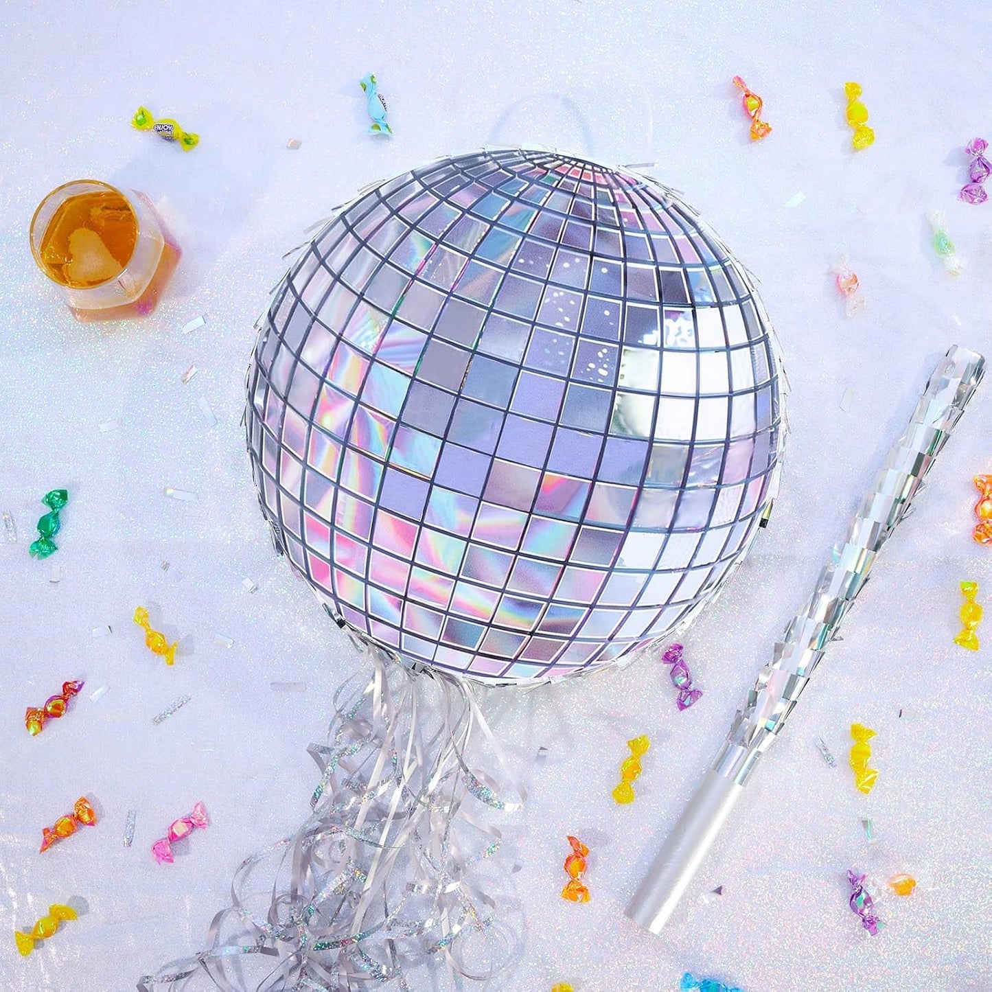 WERNNSAI Disco Ball Piñata - Disco Party Decoration for Adult Birthday Party Supplies Hanging Disco Piñata with Bat Blindfold Mirror Roller Skating Pull String, 12.2” x 12.2”