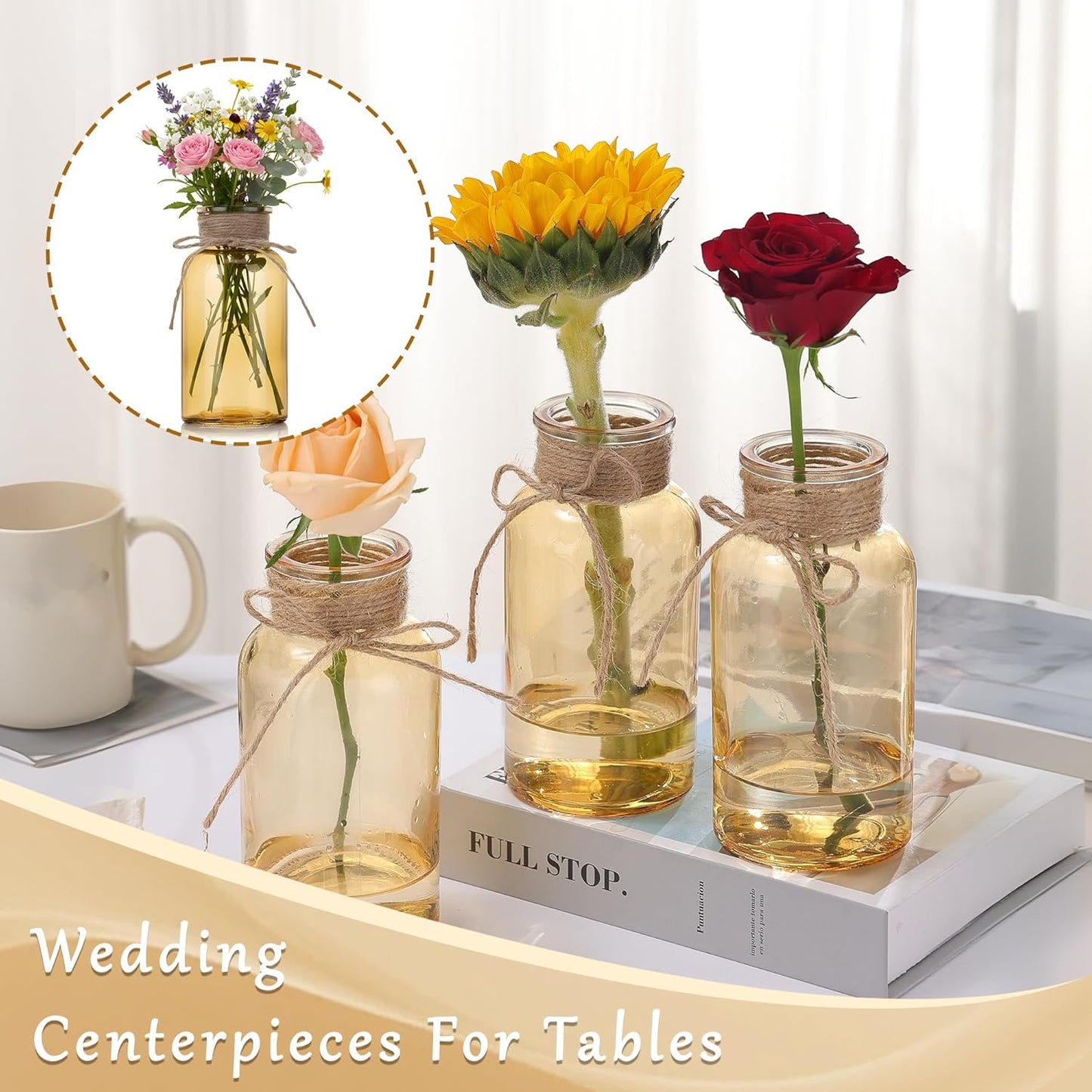 Gold Vases for Centerpieces Set of 6, Mason Jars Boho Cylinder Bud Vases in Bulk, for Weddings Parties Vintage Home Decor