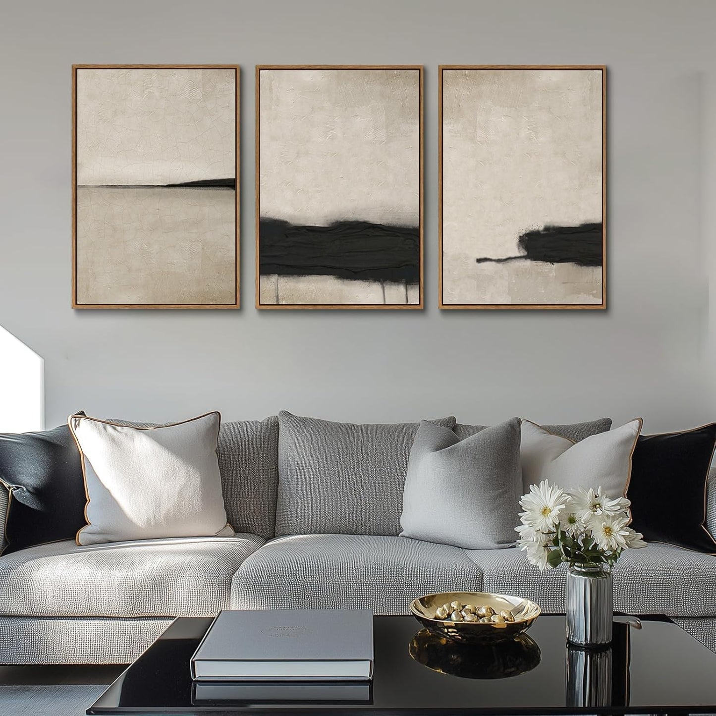 myusuar 3 Piece Large Modern Abstract Canvas Framed Wall Art For Living Room, Black And Beige Vintage Minimalist Wall Art Decor Posters Prints For Bedroom Office 16x24in