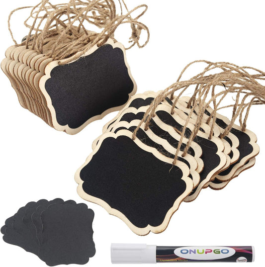 ONUPGO 20 Pack Chalkboard Tags with Liquid Chalk Marker, Double Sided Blackboard with Hanging String, Wooden Mini Erasable Chalkboard Signs, Hanging Chalkboard Labels, Price Tags, Message Tags