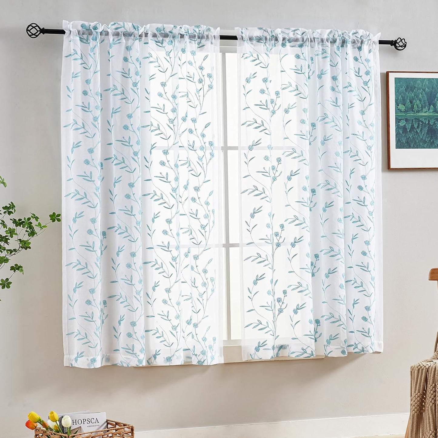 Sheer Curtains White-Blue 45 Inches Long Floral Embroidery Rod Pocket Voile Drapes for Living room, Bedroom, Window Treatments Semi Lace Outdoor Curtain Panels for Yard, Kitchen, Set of 2, 52"x 45".