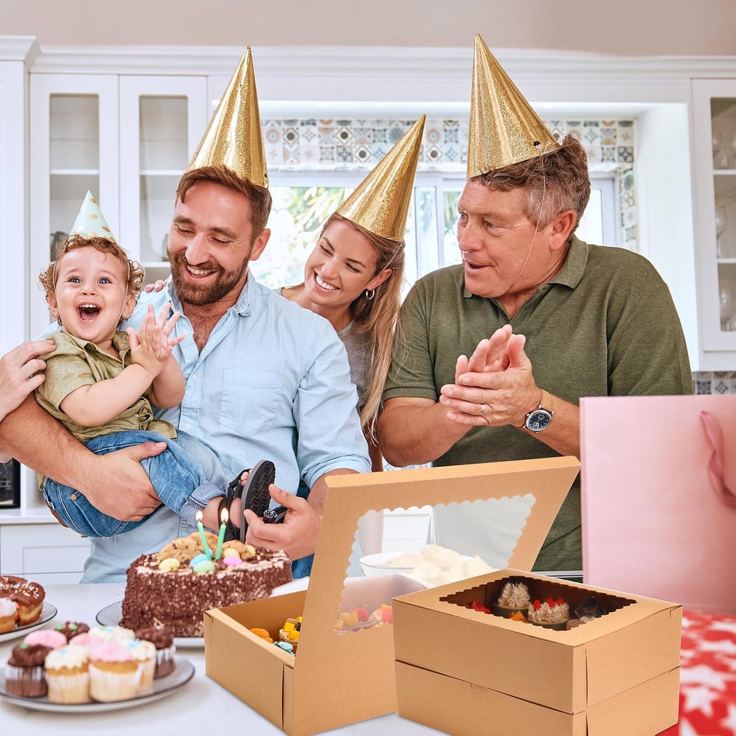 36 Pack Cupcake Boxes Hold 12 Standard Disposable Cupcake Containers with Window and Insert Cupcake Carrier with Thanks Card and Jute Rope to Muffins Cupcakes Cookies Gift Wrapping (Nature)