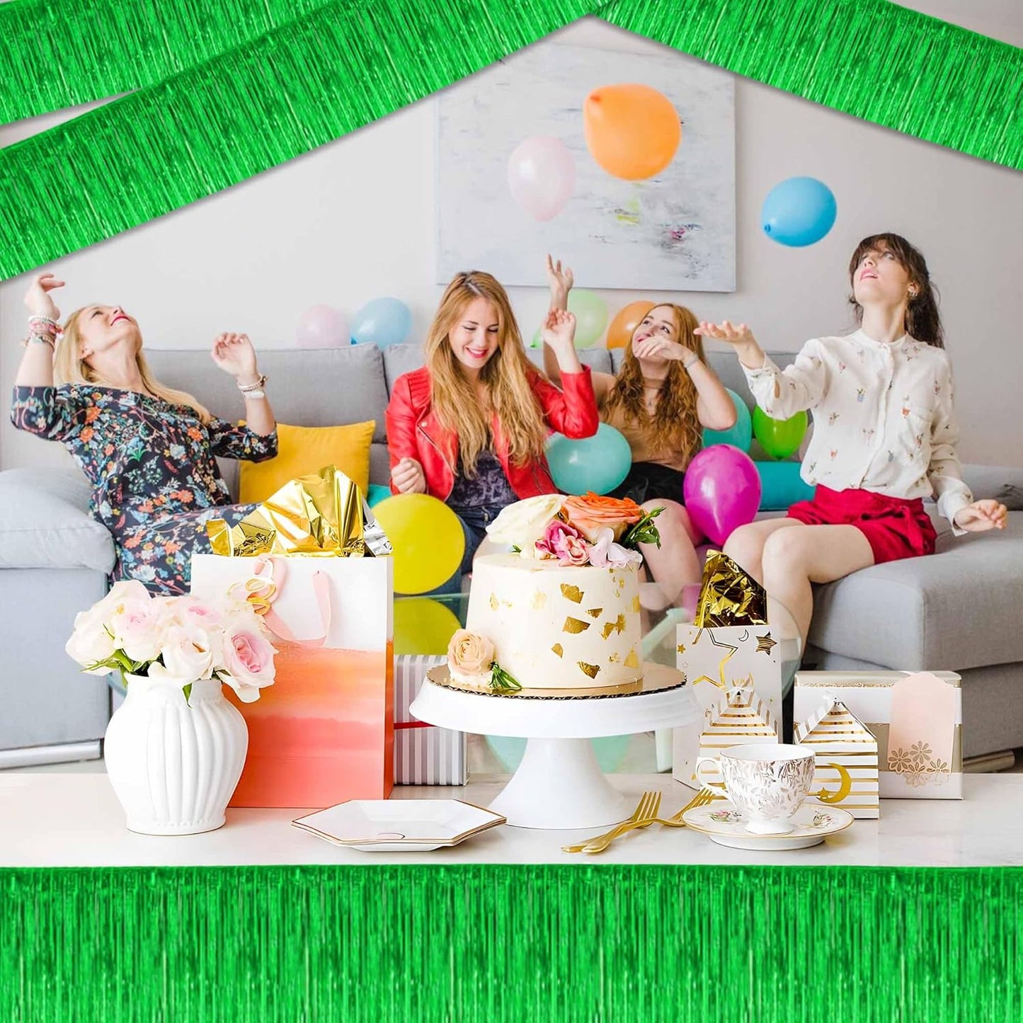 4 Pack 10 Ft Green Foil Fringe Garland Metallic Streamers Tinsel Banner Wall Hanging Garland Backdrop for Parade Floats, Halloween, Christmas, Thanksgiving, New Year Party Decorations