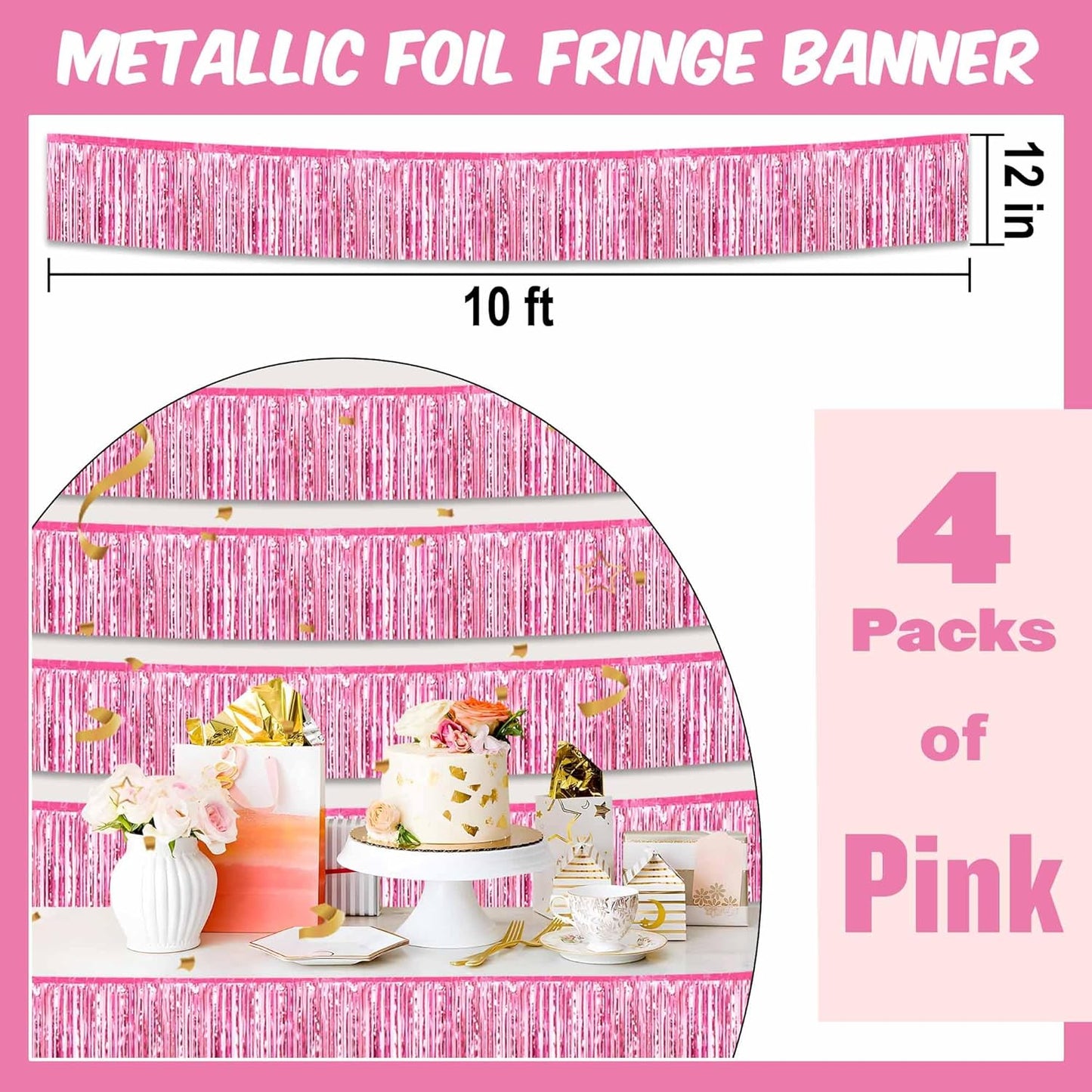 4 Pack 10 Ft Pink Foil Fringe Garland Metallic Streamers Tinsel Banner Wall Hanging Garland Backdrop for Parade Floats, Halloween, Christmas, Thanksgiving, New Year Party Decorations
