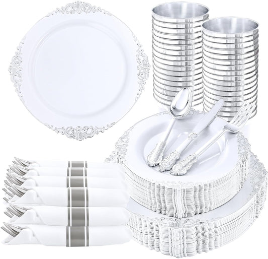 Nervure 350PCS Silver Plastic Plates - Silver Plastic Dinnerware Sets for 50 Guests - 100 Disposable Plates, 150 Silverware, 50 Cups, 50 Napkins for Wedding & Party