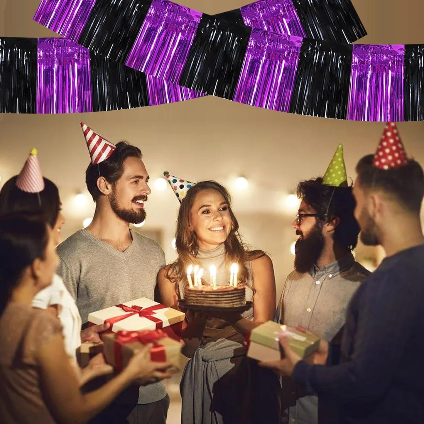 BEISHIDA 3 Packs Metallic Foil Fringe Garland Black Purple Wall Hanging Tinsel Fringe Banners for Halloween Car Floats Bridal Shower Wedding Birthday Easter Graduation Holiday Party Decoration (30 Ft)