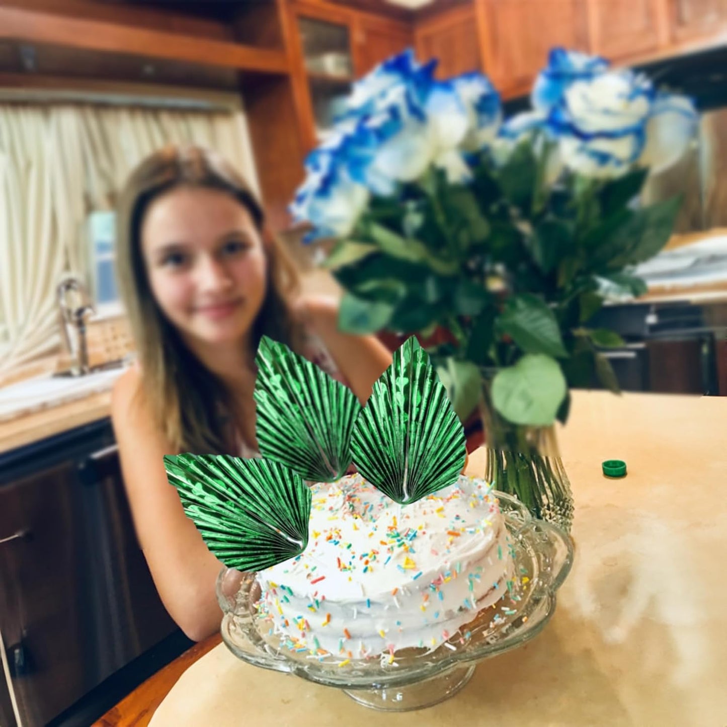 Ephlyn 6Pcs Paper Palm Leaves Fan Cake Toppers Palm Leaf Fan Cake Picks Craft DIY Fan Cupcake Toppers Palm Spear Leaves Cake Decorations for Baby Shower Wedding Birthday Party Supplies Bright Green