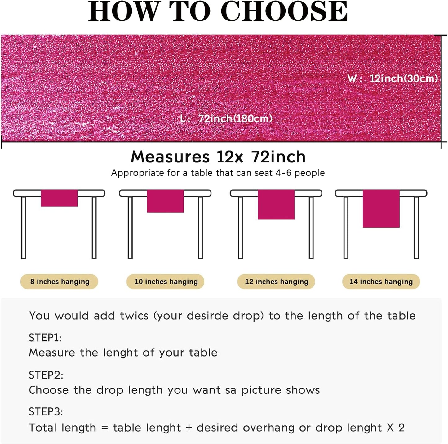 6 Packs 12 x 72 inches Sequin Table Runner, Hot Pink Glitter Table Runner for Birthday Party Supplies Wedding Engagement Baby Shower Holiday Celebration Event Decorations