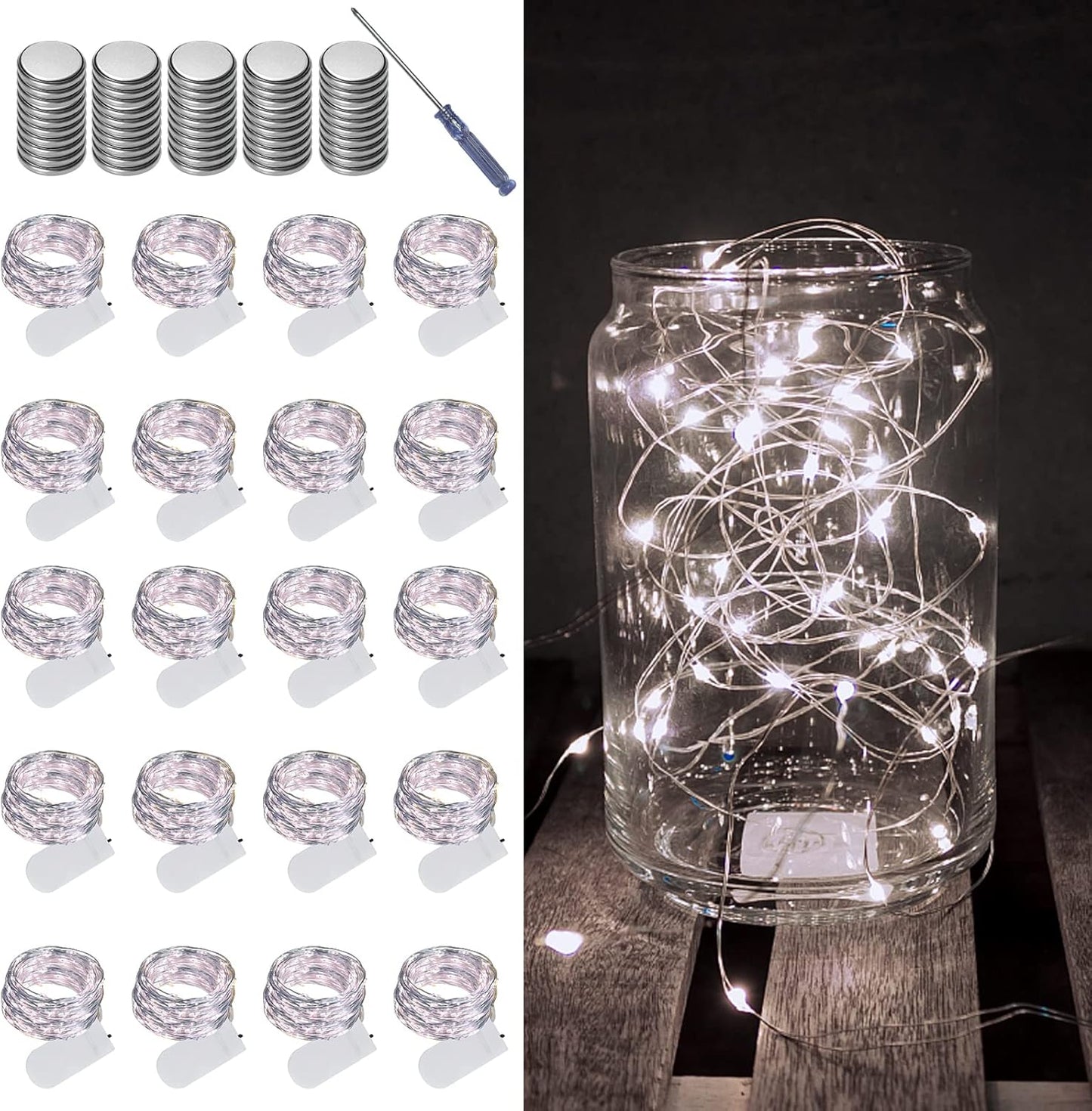 LAMPHOME 20 Pack Fairy Lights Battery Operated String Lights, 20 LED on 6.6FT Silvery Copper Wire, Firefly Fairy String Lights for Wedding Party Mason Jar Christmas Decorations Bedroom Decor(White)
