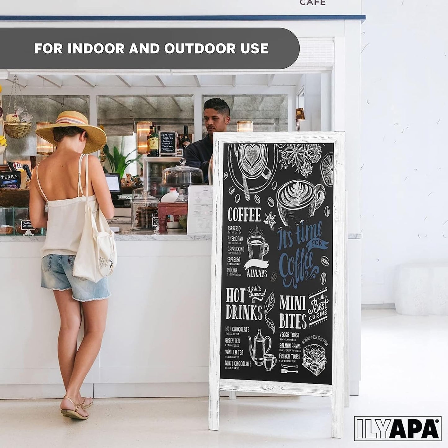 Ilyapa A-Frame Chalkboard Sidewalk Sign - 58 x 27 inches, Folding Standing Sandwich Sign – White Menu Display for Restaurant, Business, or Weddings