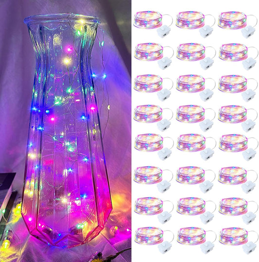 24 Pack Led Fairy Lights - Mutilcolor, Battery Operated LED Silver Wire String Lights, 7FT 20LED Mini Firefly Starry String Lights Waterproof Led Twinkle Lights for Mason Jar DIY Christmas Decor