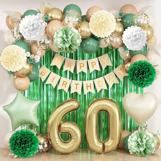 Sage Green 60th Birthday Decorations for Men Gold Number 60 Balloon Nude Gold Happy Birthday Banner Fringe Curtain Paper Pom Poms Olive Green Cream White Sand Star Foil Balloons Party Decor