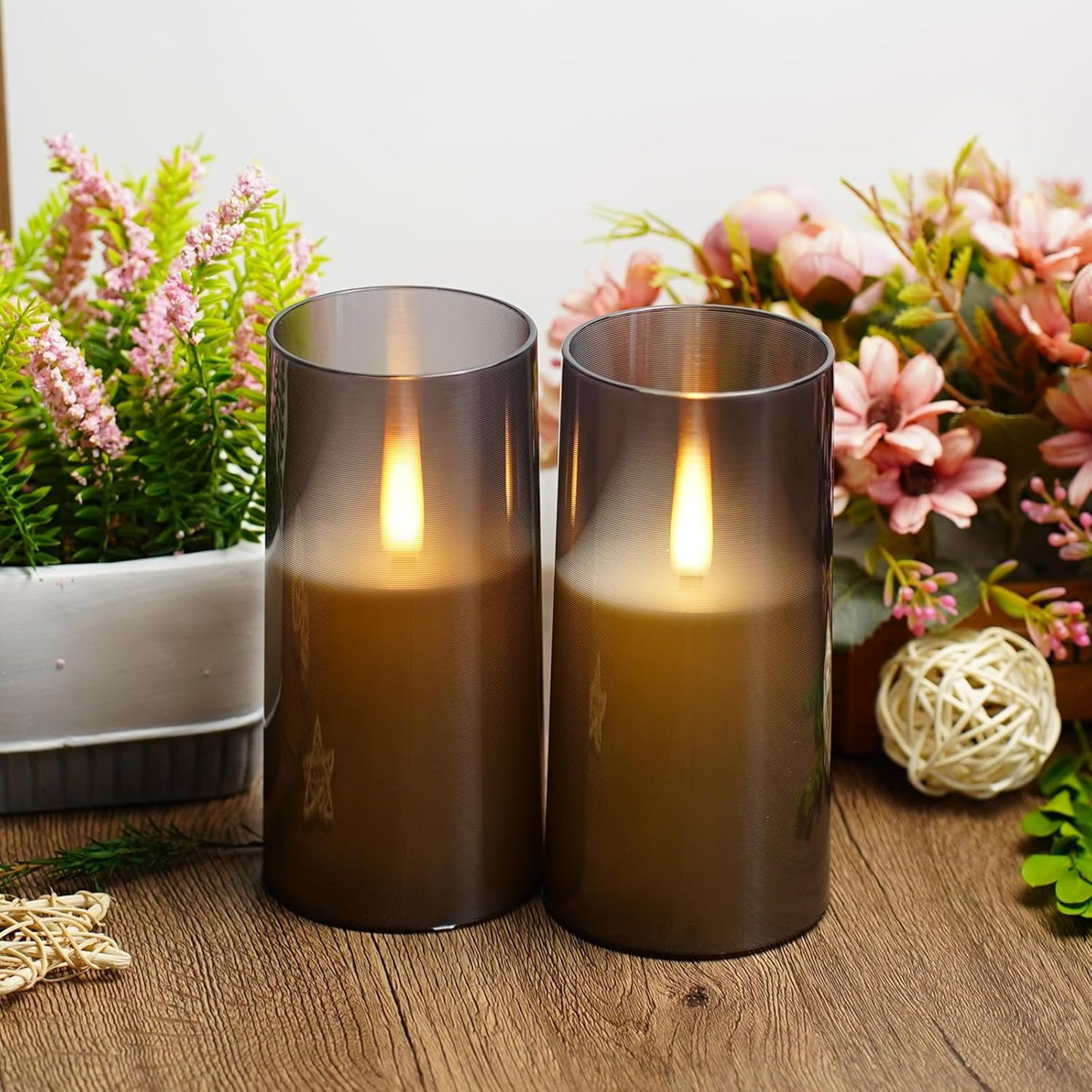 Flameless LED Candles, Upgraded Realistic Flickering Pillar Battery Operated Candles with Remote Timer, Acrylic Electric Set of 2 for Romantic Ambiance and Home Decoration(Grey)