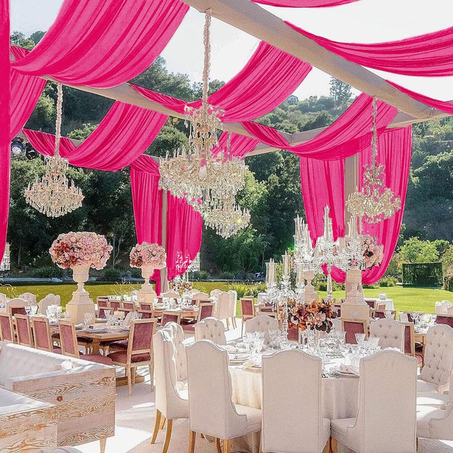 MODFUNS Hot Pink Ceiling Drapes for Weddings 5x30ft 2 Panels Sheer Chiffon Ceiling Draping Fabric Fuchsia Sheer Draping Tulle Swag Curtain for Wedding Party Stage Prom Banquet Decoration
