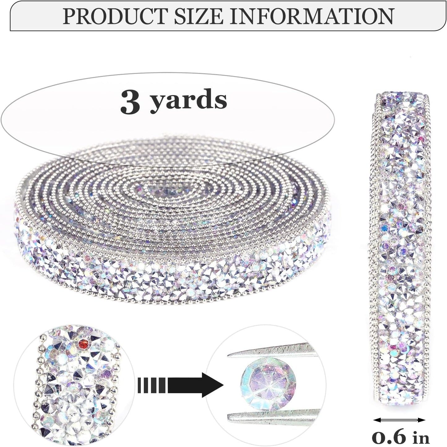 Rhinestone Ribbon 3 Yards Self Adhesive Rhinestone Strips Diamond Ribbon Sticker Crystal Roll Glitter Bling Rhinestones Tape for Crafting DIY Art Decoration (Silver AB,0.6 Inch)
