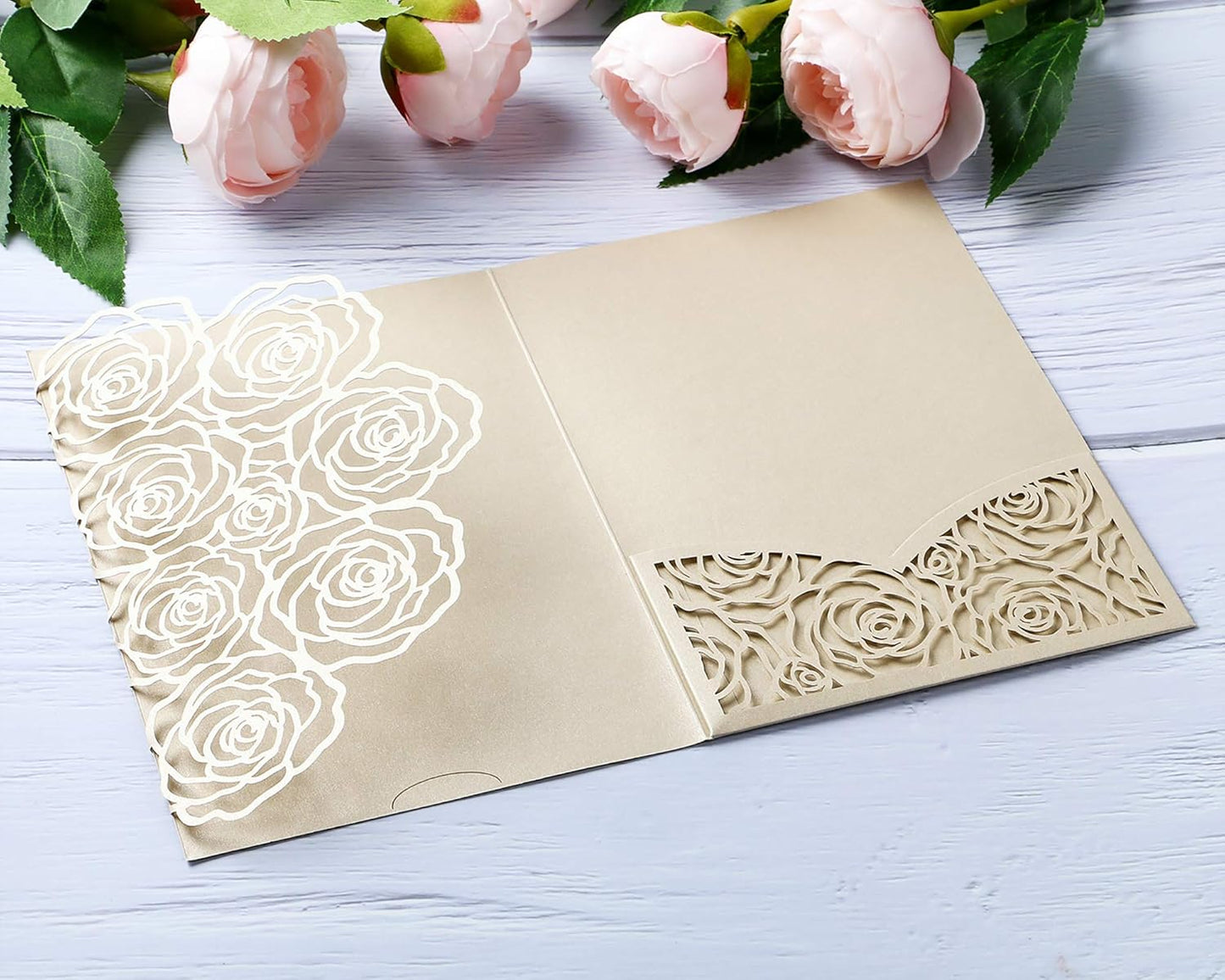 20 Pcs Laser Cut Wedding Invitations Card Pocket with Envelope for Birthday Party Baby or Bride Shower Invite suitable for 5 * 7 Inches Insert Paper (Champagne)