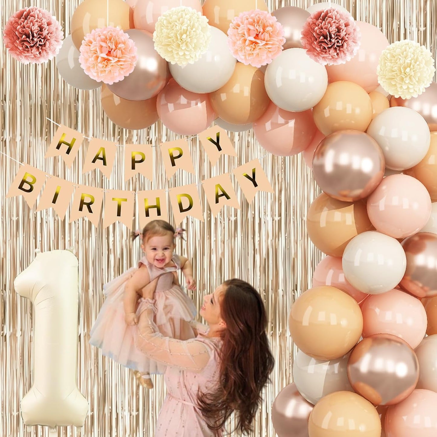 Beige 1st Birthday Decorations Cream Number 1 Balloon Nude Gold Happy Birthday Banner Fringe Curtain Paper Pom Poms Blush White Sand Champagne Star Foil Balloons Neutral Boho Party Decor
