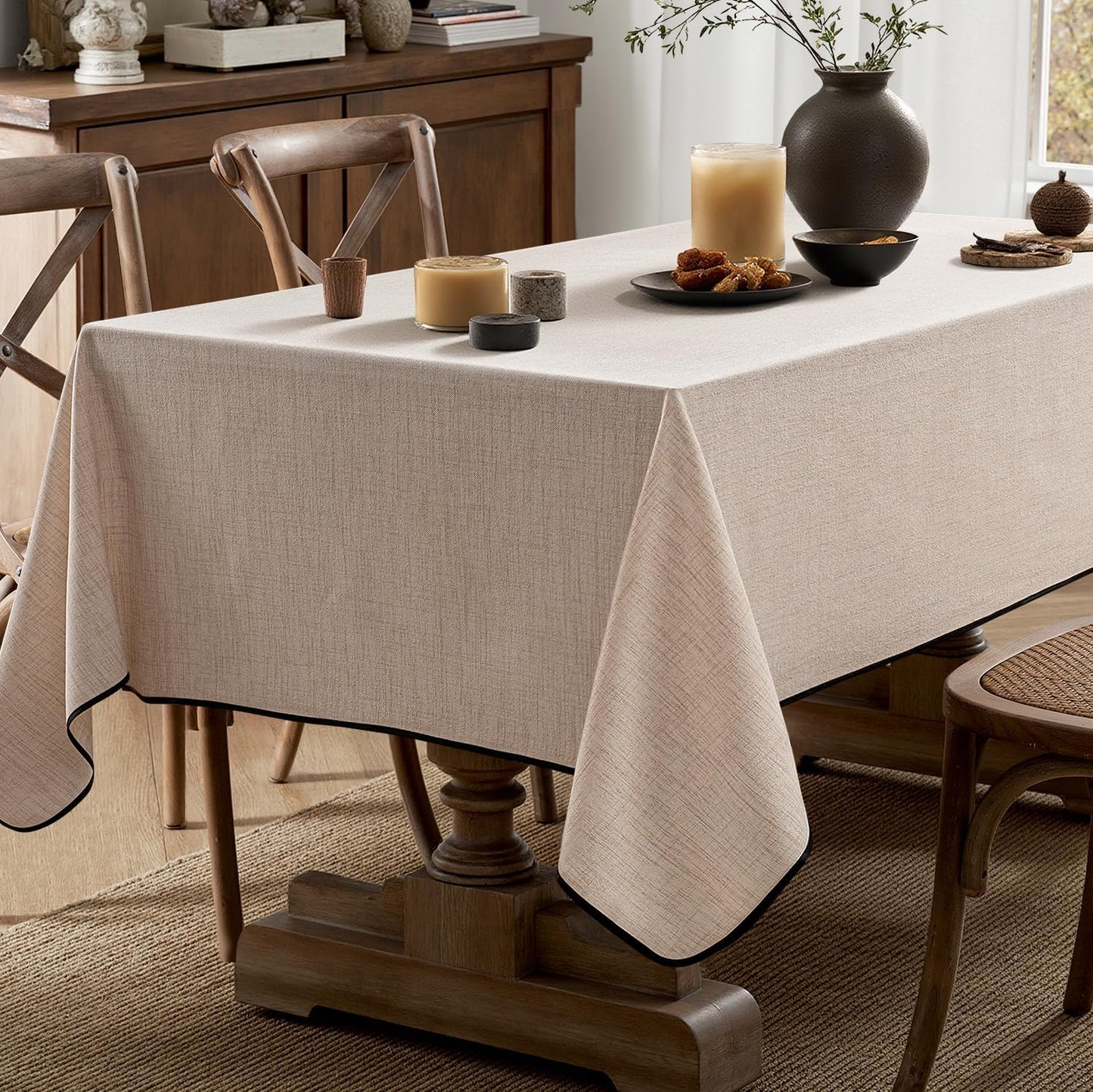 MIULEE Natural-Black Linen Tablecloth 60x104 Inch Rectangle Table Cloth Waterproof,Stain Resistant & Wrinkle Resistant for Dining Party Wedding