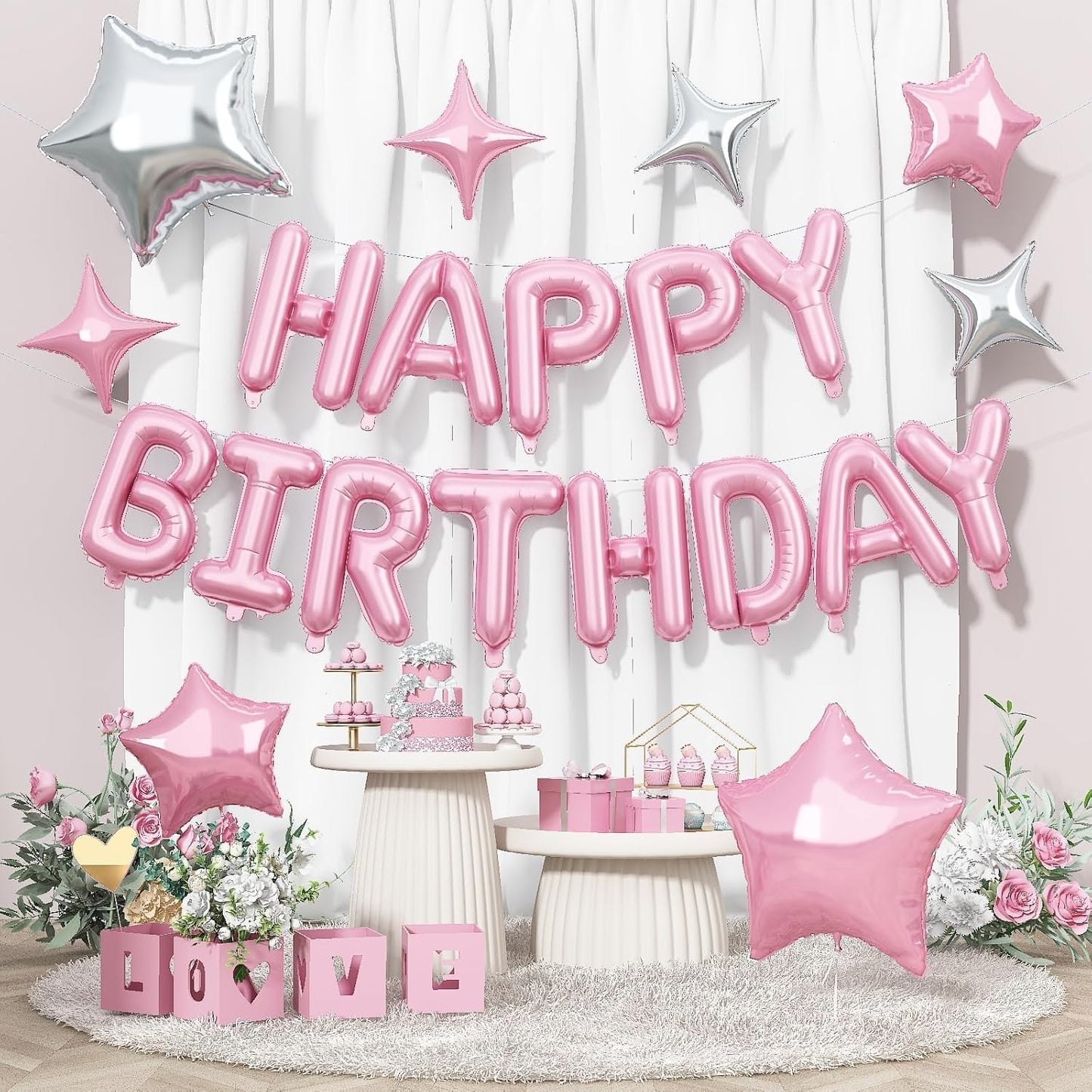 Happy Birthday Balloon Banner, 16 Inch Light Pink Mylar Foil Letter Balloons, Reusable Birthday Decorations with Pastel Pink and Silver Star Balloon, Inflatable Party Supplies for Women Girls Decor