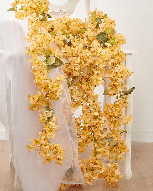 Flower Garland, Artificial Hydrangea Vine Flowers, Hanging Fake Hydrangeas Vine for Room Anniversary Wedding Birthday Christmas Wall Arch Decor, 2 Pcs, Floral Garland, Champagne Flower