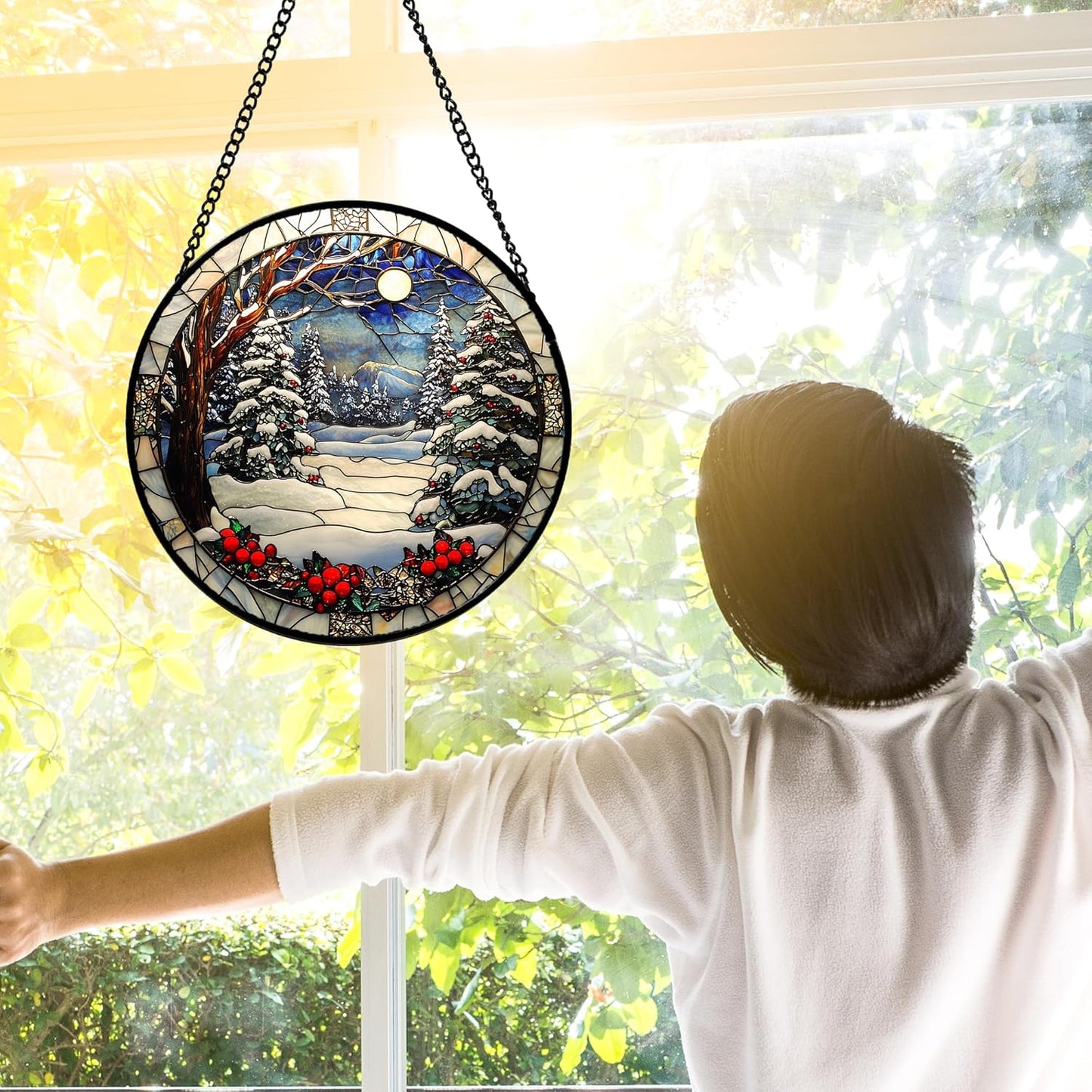 Stained Glass Window Hanging Christmas Tree Winter Snow Night Scenery 9.8" - Suncatcher Door Garden Kitchen Sun Catcher Home Decor Birthday for Mom Men Woman Friend