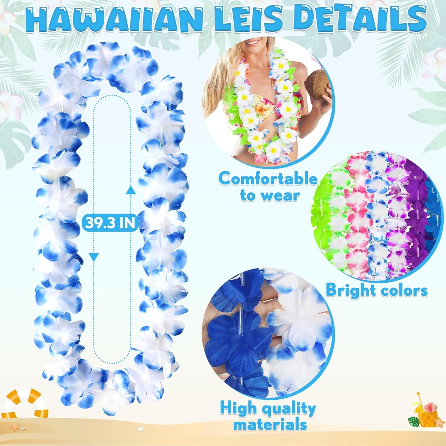 Luau Party Decorations, 36PCS Hawaiian Themed Leis Necklace Costume Accessories, Colorful Hawaiian Leis Tropical Theme Silk Flower Clothing Accessories Bulk, Hawaii Flower Lays Summer Pool Supplies