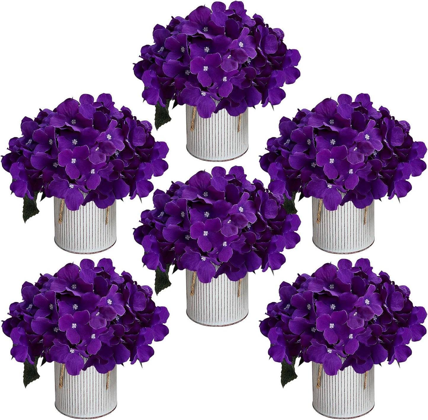 Flower Table Centerpieces - Set of 6 Floral Arrangement Artificial Wedding Hydrangeas Floral Arrangement with Rustic Metal Vase for Bridal Tea Party Event Decorations - Deep Purple