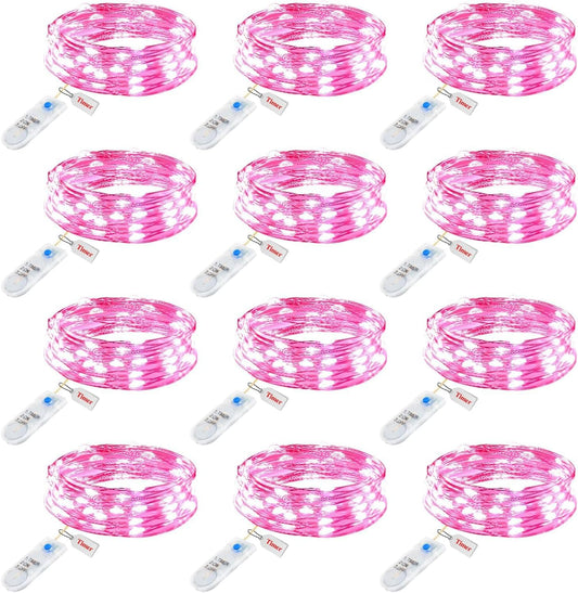 Minetom 12 Pack Pink Fairy Lights Battery Operated String Light with Timer - 7ft 20 LED Waterproof Silver Wire Firefly Light for DIY Crafts Wedding Table Centerpieces, Pink