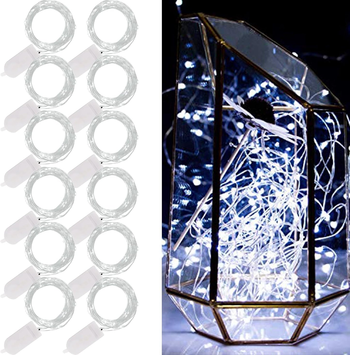 WATERGLIDE 12 Pack Fairy Lights Battery Operated (Included), 7 ft 20 LED Mini String Lights, Waterproof Silver Wire Firefly Starry Lights for DIY Wedding Christmas Party Mason Jars Decor, Cool White