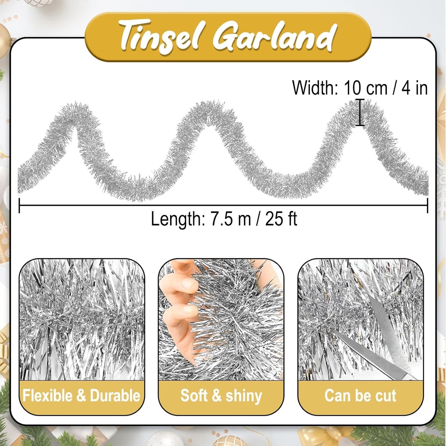 25 Feet Silver Christmas Tinsel Garland, Metallic Foil Twist Banner Wall Hanging Tinsel Streamers Backdrop for Parade Floats, Christmas, Mother's Day, Birthday Party Decorations(4in x 25ft)