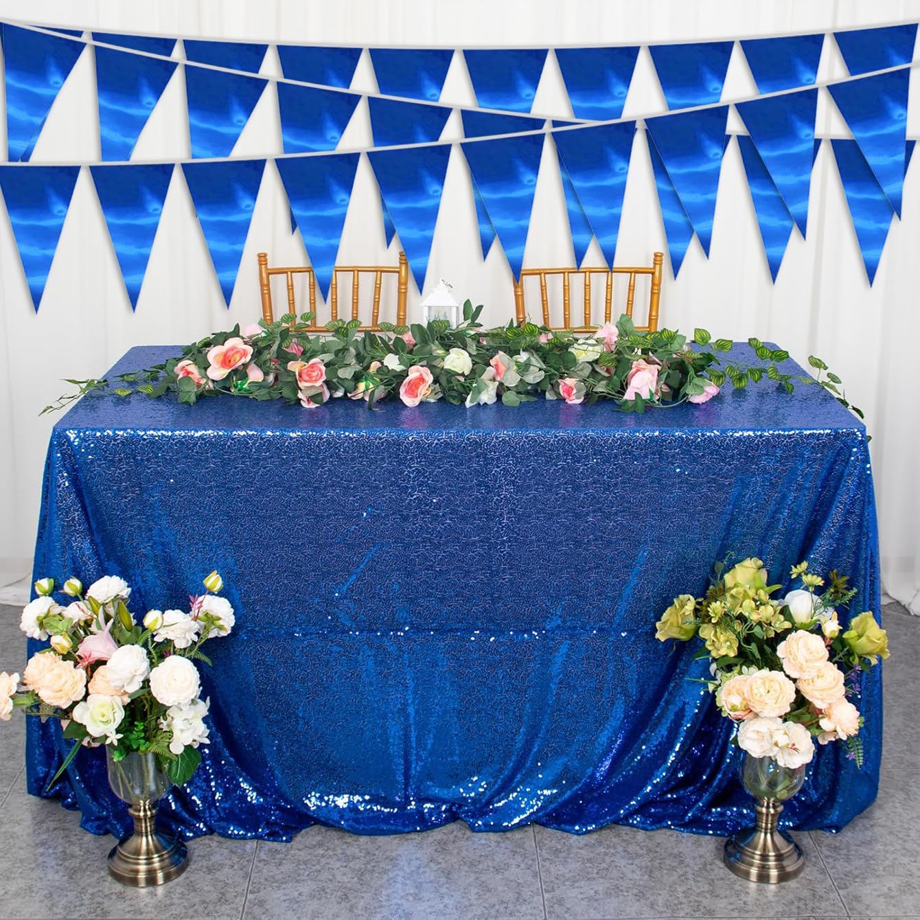 40M/130FT Blue Triangle Pennant Banner Flag Metallic Fabric Bunting Garland for Christmas Graduation Wedding Engagement Anniversary Bachelorette Birthday Bridal Shower Valentines Hen Party Supplies