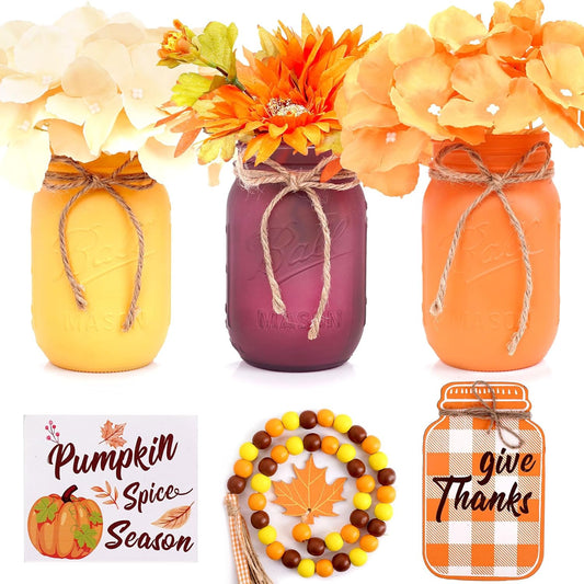 Thanksgiving Decorations Mason Jar, Farmhouse Harvest Thanksgiving Table Decor for Centerpieces, Dining Table Centerpiece, Living Room Table Decor, Thanksgiving Centerpieces with Flowers Decoration