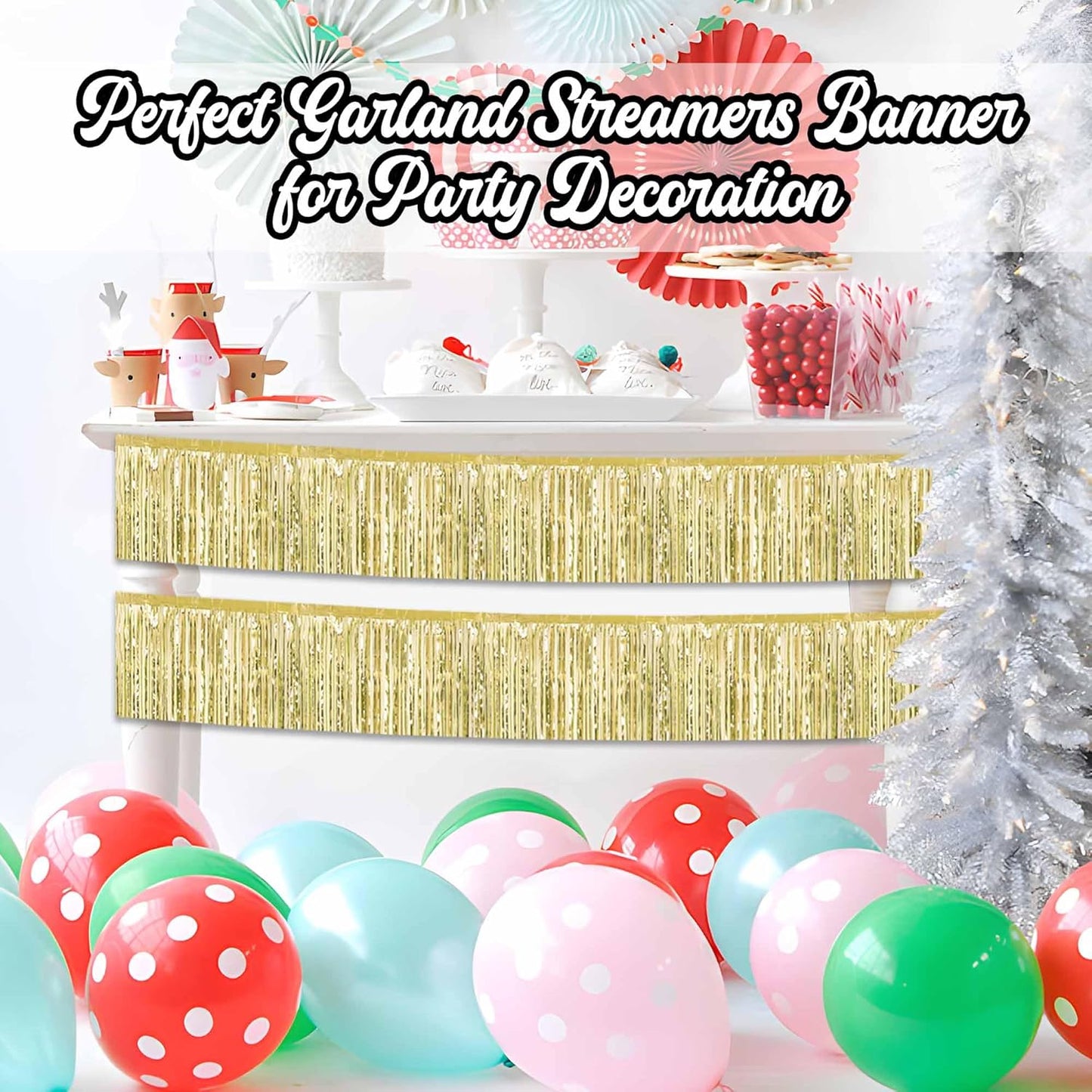 4 Pack 10 Ft Light Gold Foil Fringe Garland Metallic Streamers Tinsel Banner Wall Hanging Garland Backdrop for Parade Floats, Halloween, Christmas, Thanksgiving, New Year Party Decorations