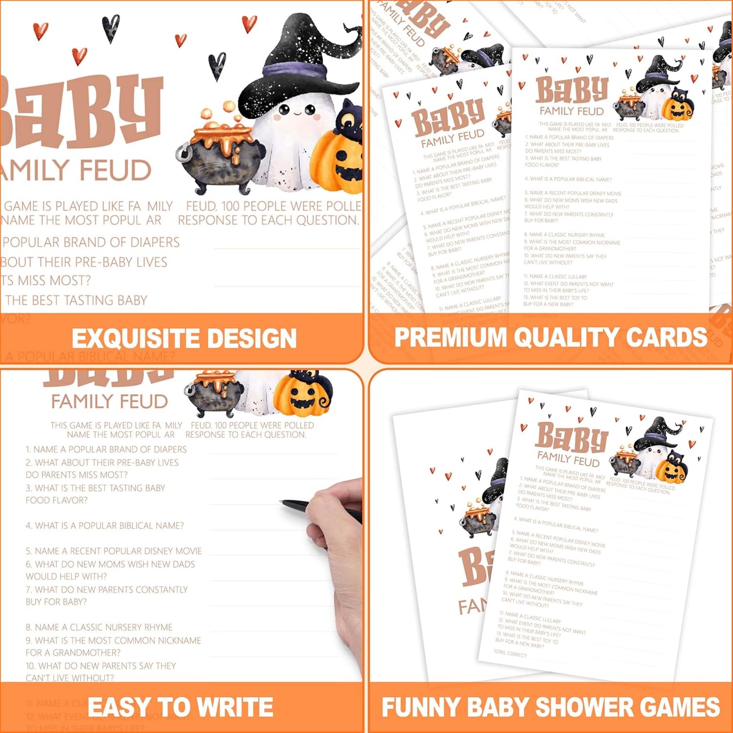 Baby Shower Games, Halloween Baby Family Feud, 25 Double-Sided Game Cards + 1 Answer Card for Gender Reveal Party Decorations Supplies Announcement - B06