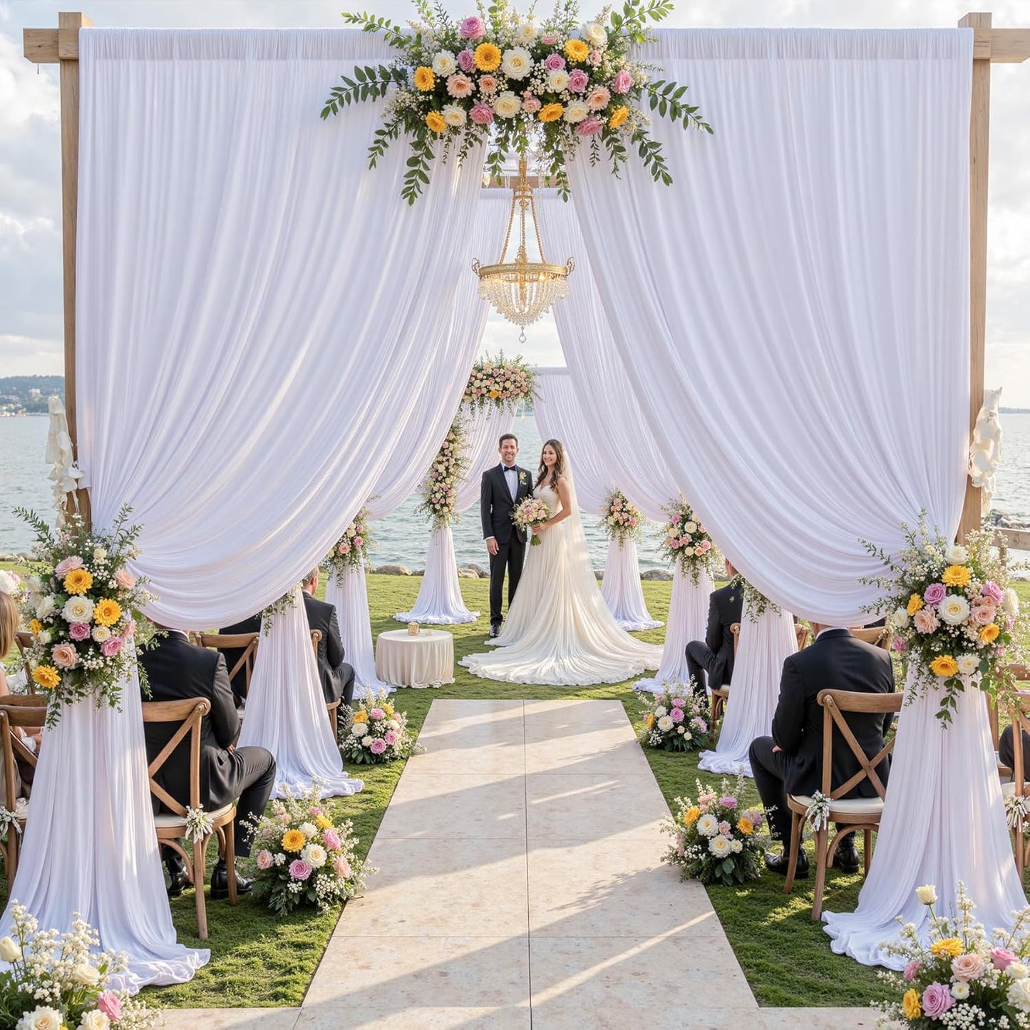 50ft x 15ft White Wrinkle Free Backdrop Curtains for Parties,Silky Polyester Fabric Wedding Ceiling Drapes, 10 Panels 15ft Photo Back Drop Drapes for Baby Shower Photography Stage Background Cloth