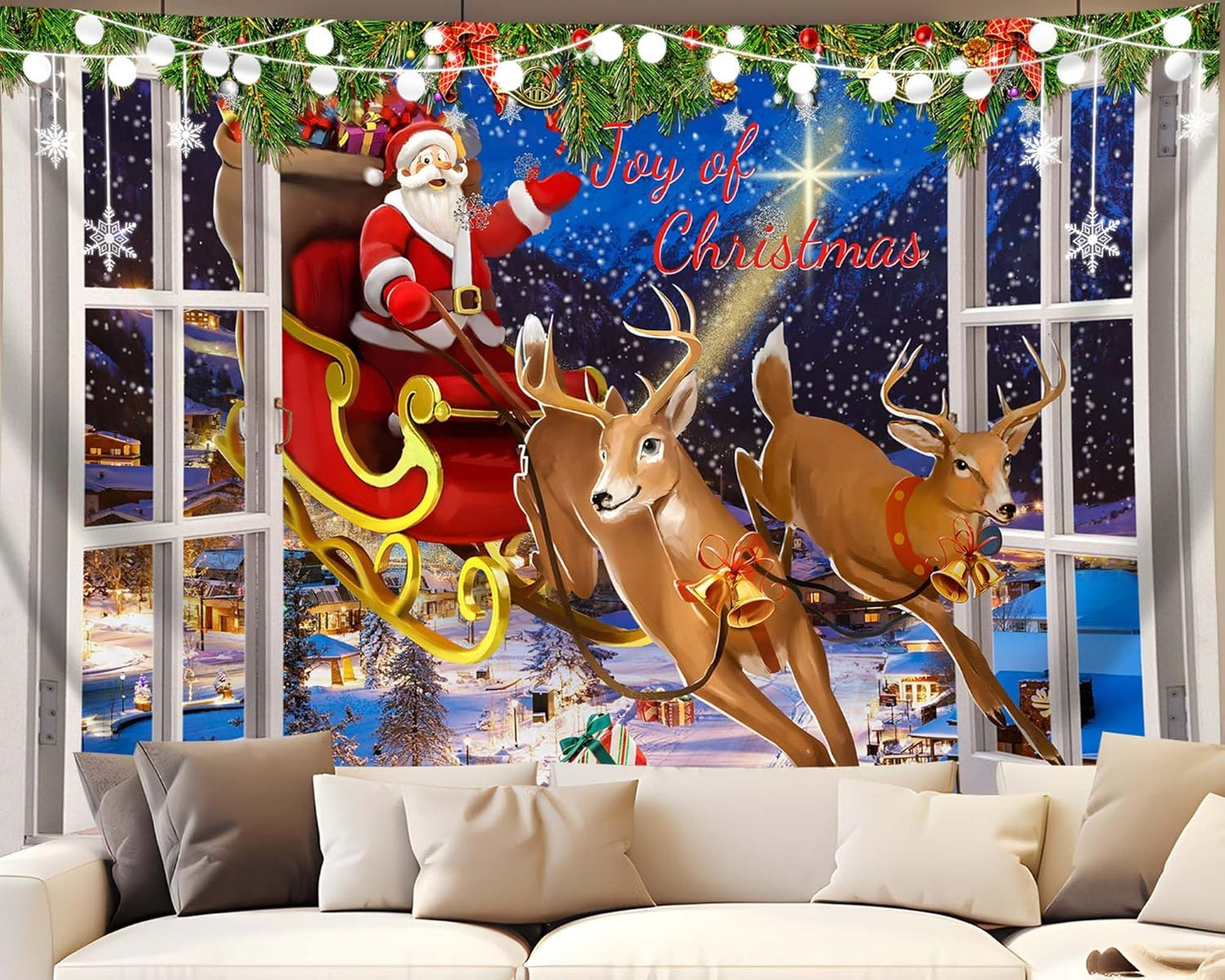 QGHOT Christmas Window Tapestry Wall Hanging Christmas Backdrop Xmas Winter Window Wall Decor Santa Claus Tapestries for Bedroom Living Room Dorm Holiday Party Decoration, Extra Large