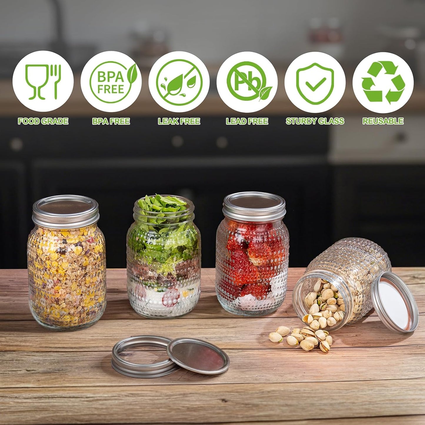 WELLIFE Mason Jars 32 oz, 4 Pack Quart Mason Jars Wide Mouth for Pickling, Canning, Fermenting and Food Storage, Microwave & Dishwasher Safe