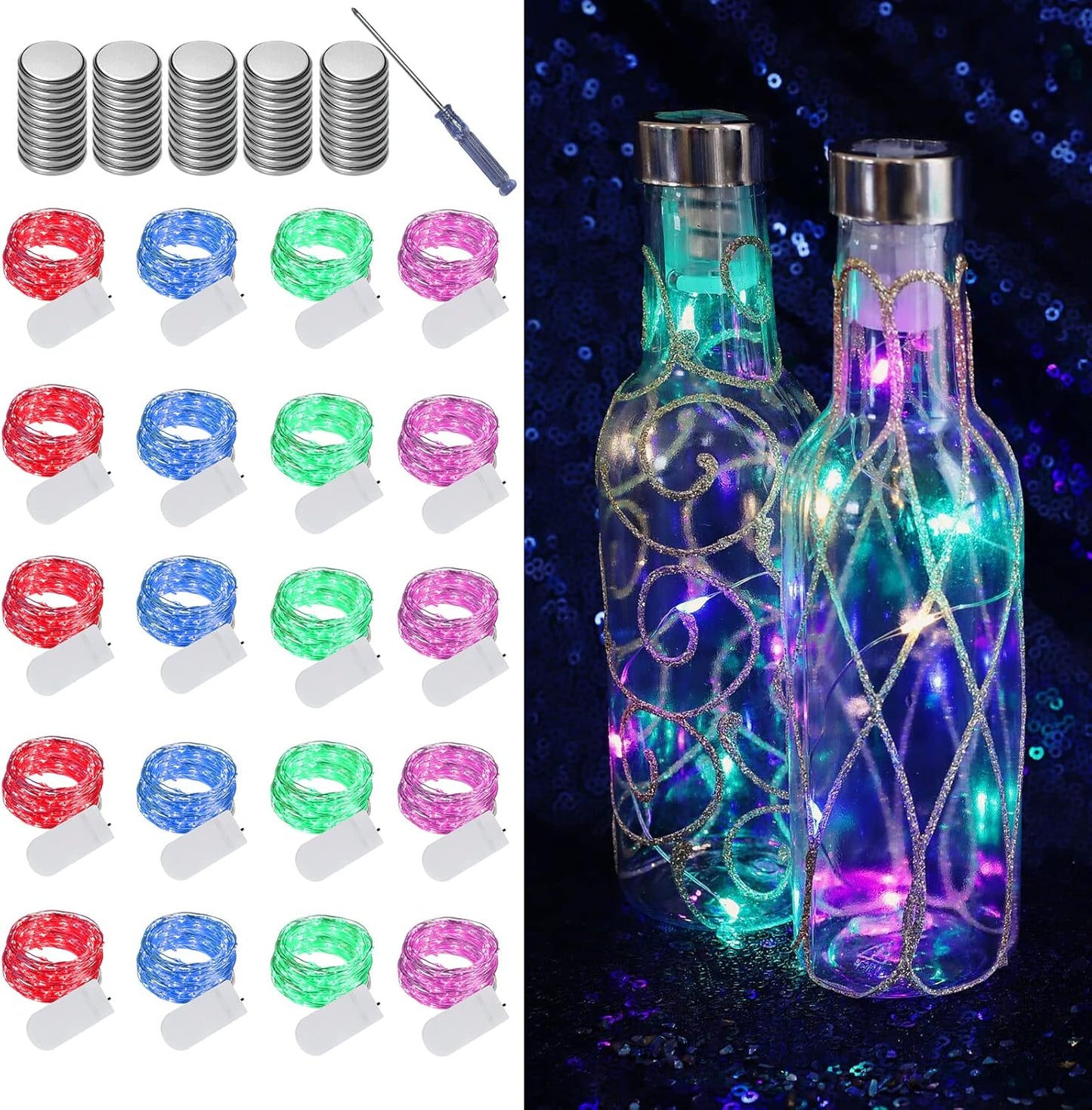 LAMPHOME 20 Pack Fairy Lights Battery Operated String Lights, 20 LED on 6.6FT Silvery Copper Wire, Firefly Fairy String Lights for Mason Jar Christmas Decoration(Bule x5, Pink x5, RED x5,Green x5)