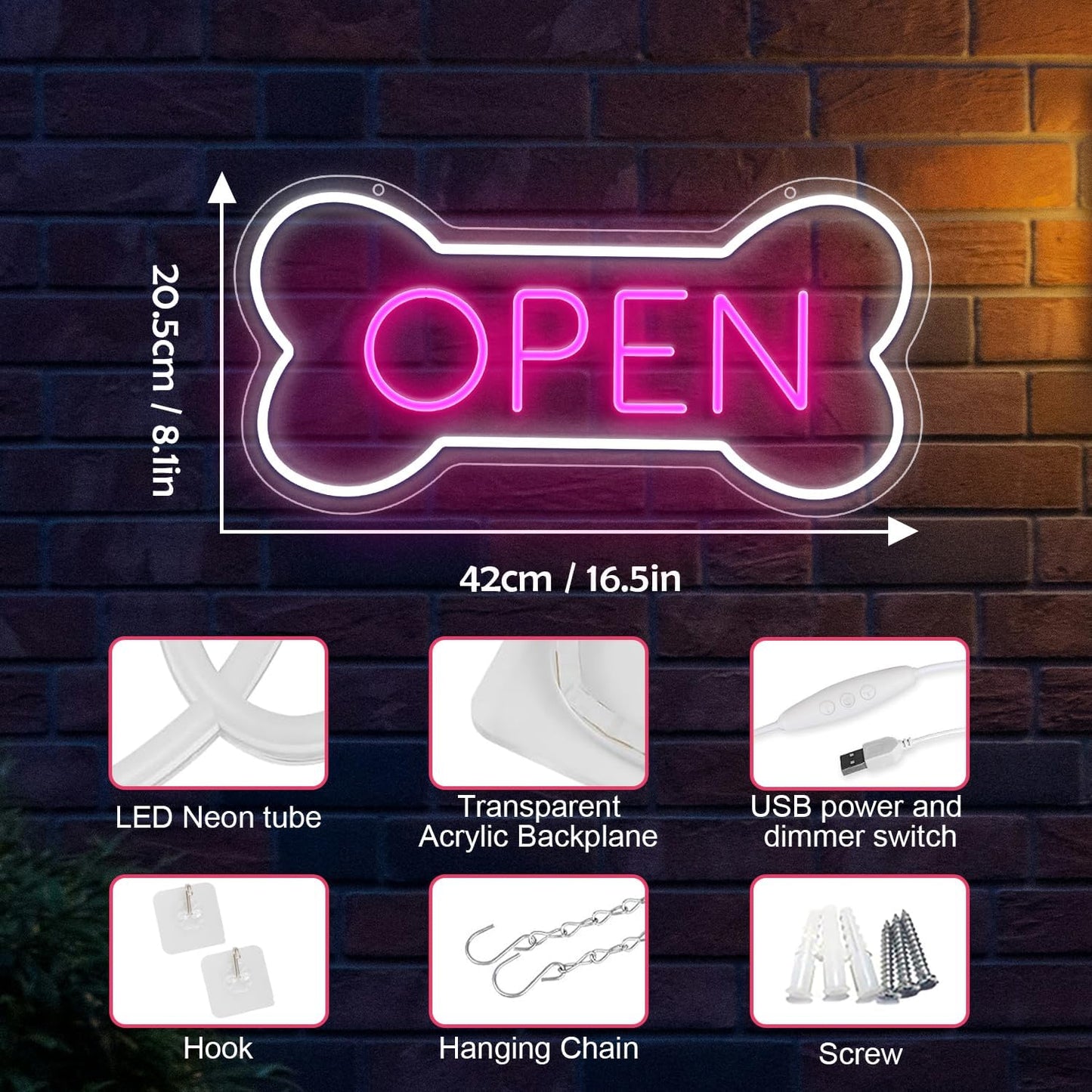 Led Neon Open Sign For Business, Dog Bone Neon Sign Art Pet Shop, Welcome Sign For Business Walls Window Bar Salon Art Hotel Wall Decor