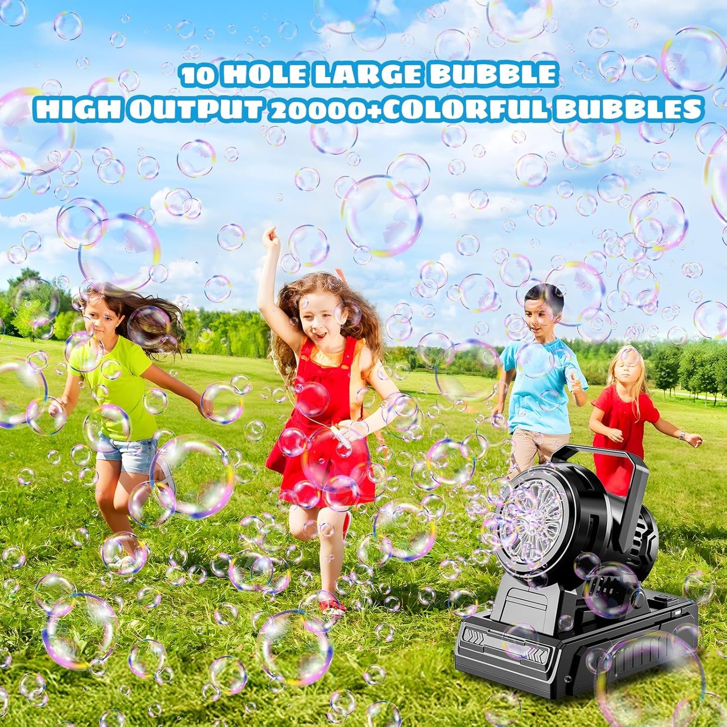 SHCKE Automatic Bubble Machine 10 Holes Bubble Blower,Plug in or Battery Operated Portable Bubble Maker,20000+ Big Bubbles Per Minute Bubbles for Outdoor Wedding Birthday Easter Party