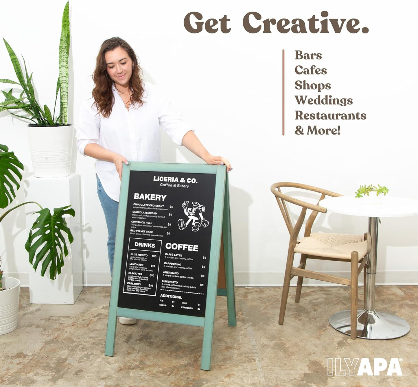 Ilyapa Wooden A-Frame Sign with Eraser & Chalk - 40 x 20 in Magnetic Sidewalk Chalkboard – Turquoise Menu Display for Restaurant, Business Or Wedding