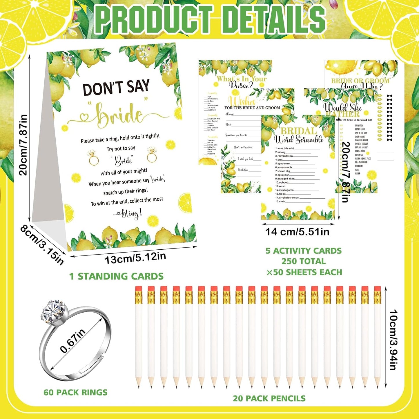 Estune 331 Pcs Bridal Shower Games Supplies, 5 Sets 250 Pcs Wedding Cards 1 Put a Ring on It Bridal Shower Games with 60 Rings and 20 Pencils(Lemon Style)