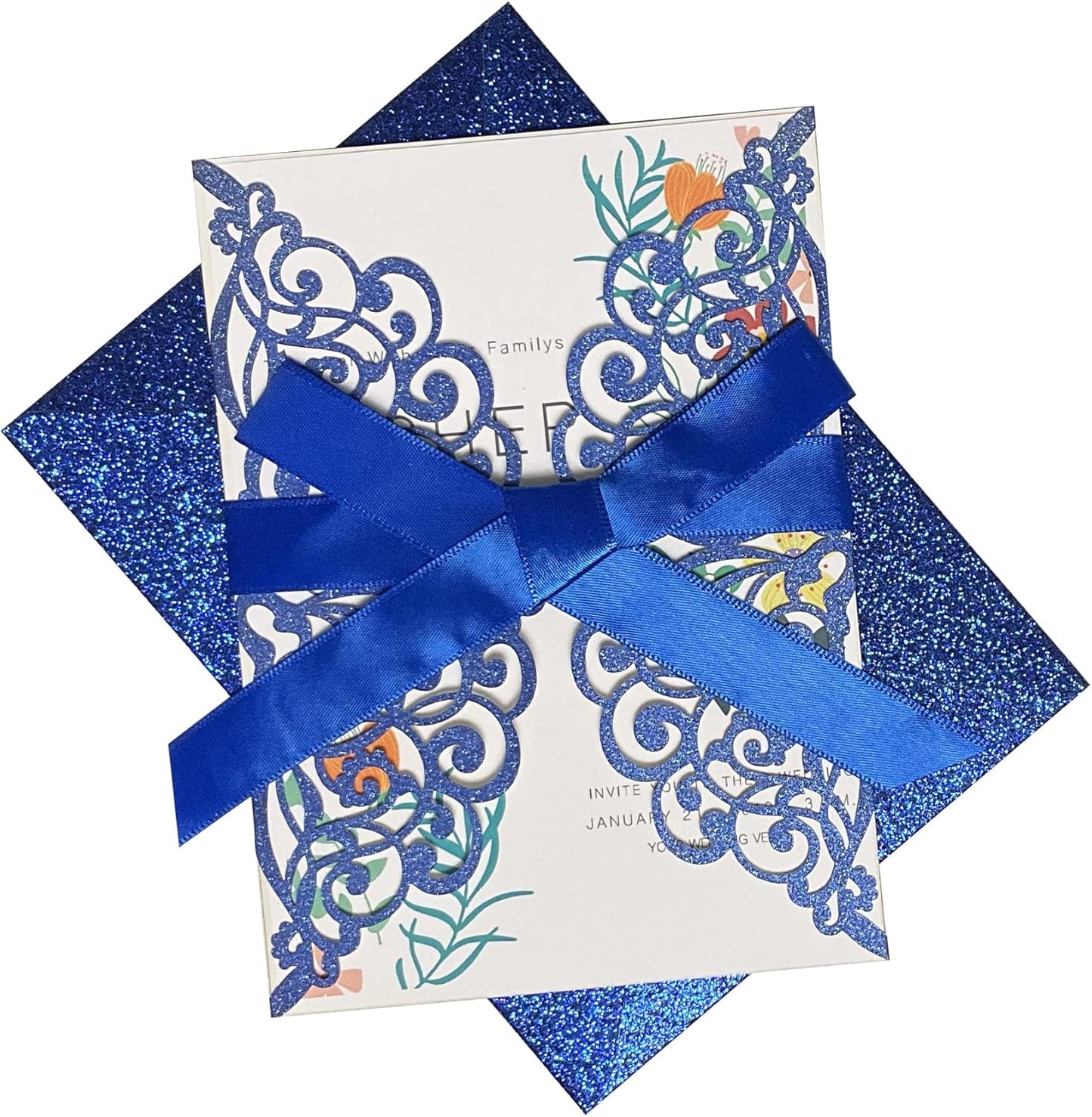 50Pcs Laser Cut Blue Wedding Invitation With Glitter Envelopes And Ribbons Blank Personalized Card Invitaciones Para quinceañera Birthday Baby Shower Christmas Party Bridal Shower