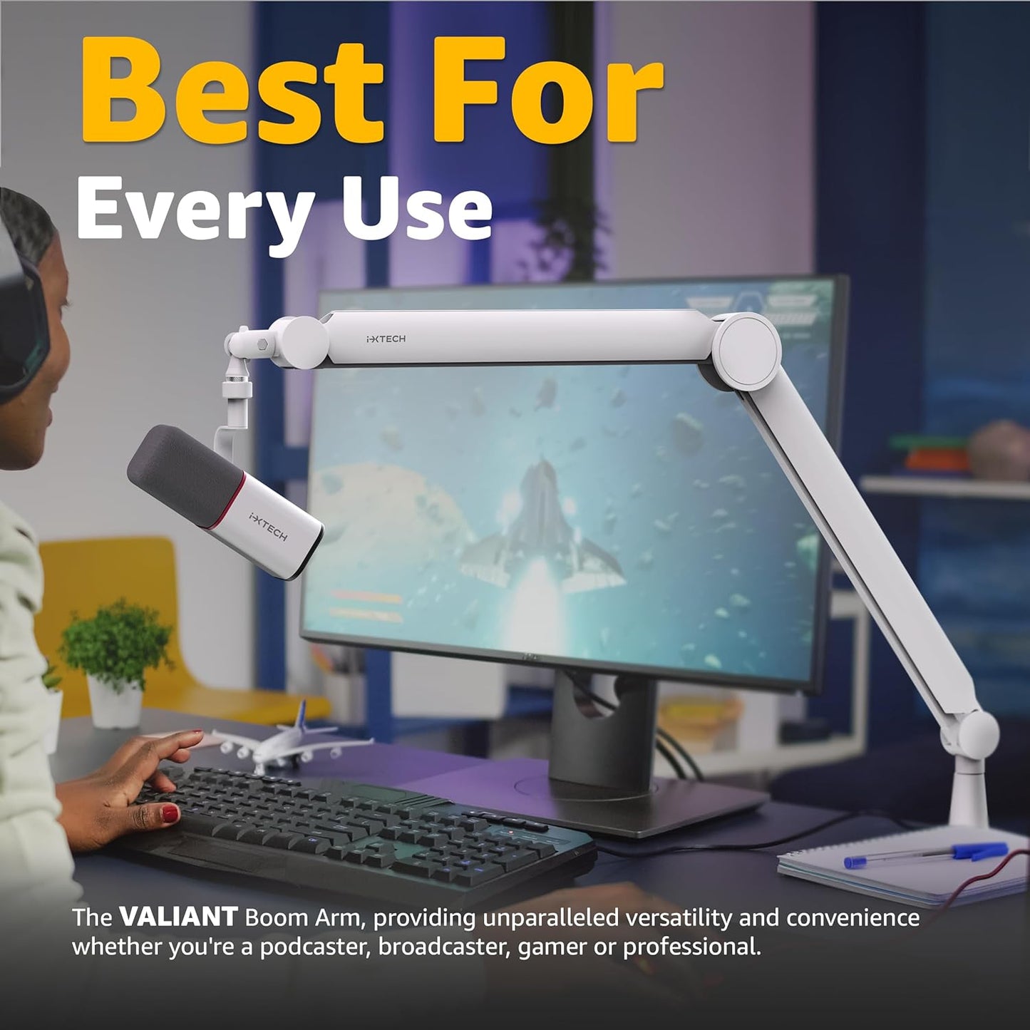 IXTECH Mic Arm White Premium Boom Arm 360° Rotatable Microphone Arm Stand with Desk Mount Fully Adjustable Sturdy and Universal VALIANT WHITE Model