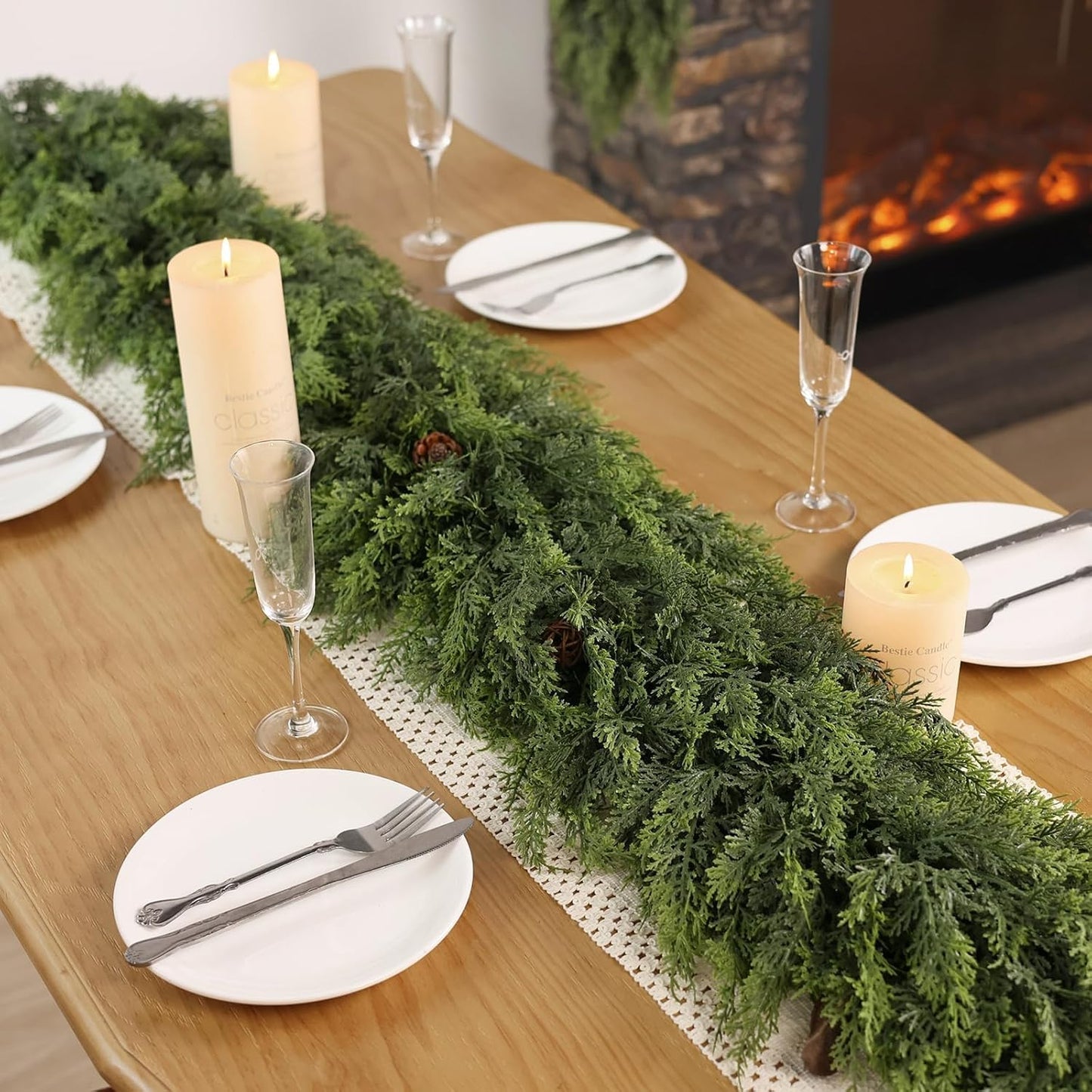 Christmas Cedar Garland - 5ft Artificial Cedar Garland Faux Lush Green Fake Pine Needles for Fireplace,Table,Window,Stairs,Mante,Holiday Indoor Outdoor Xmas Decor(2PCS)