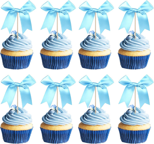 24 PCS Bow Cupcake Toppers Bowknot Cake Toppers Bow Girls Birthday Cake Decorations Bow Cake Dessert Picks Bowknot Cupcake Picks for Baby Shower Birthday Wedding Bridal Engagement Party Supplies Blue