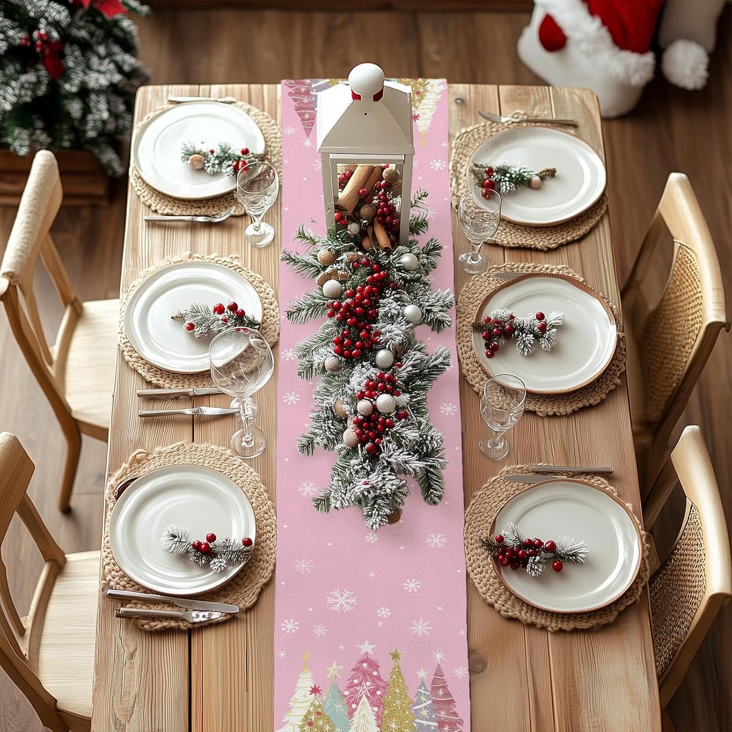 GEEORY Christmas Table Runner 13x48 Inch, Xmas Trees Snowflakes Holiday Decorative Farmhouse Table Decoration for Kitchen Dinning, Indoor Outdoor Dinner Party Decor (Pink) GT153-48